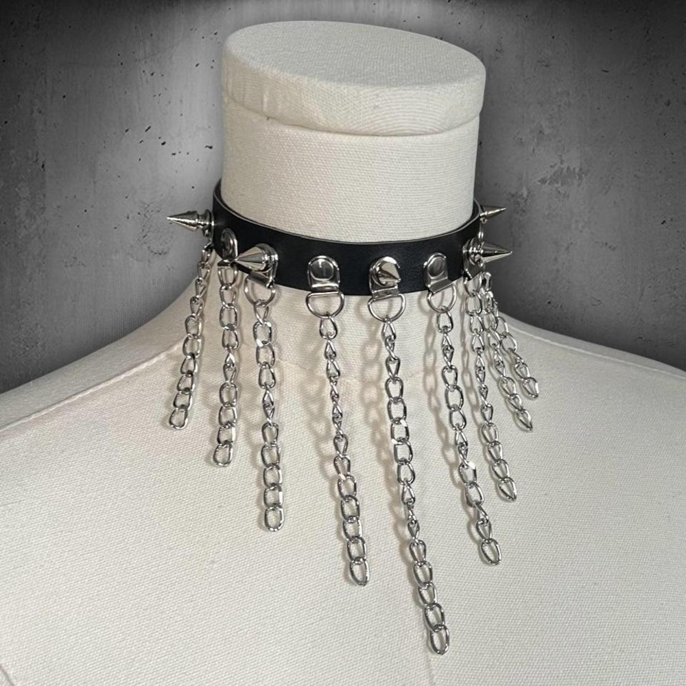 Black PU Spike Studded Chain Choker Necklace - Picture 7 of 7